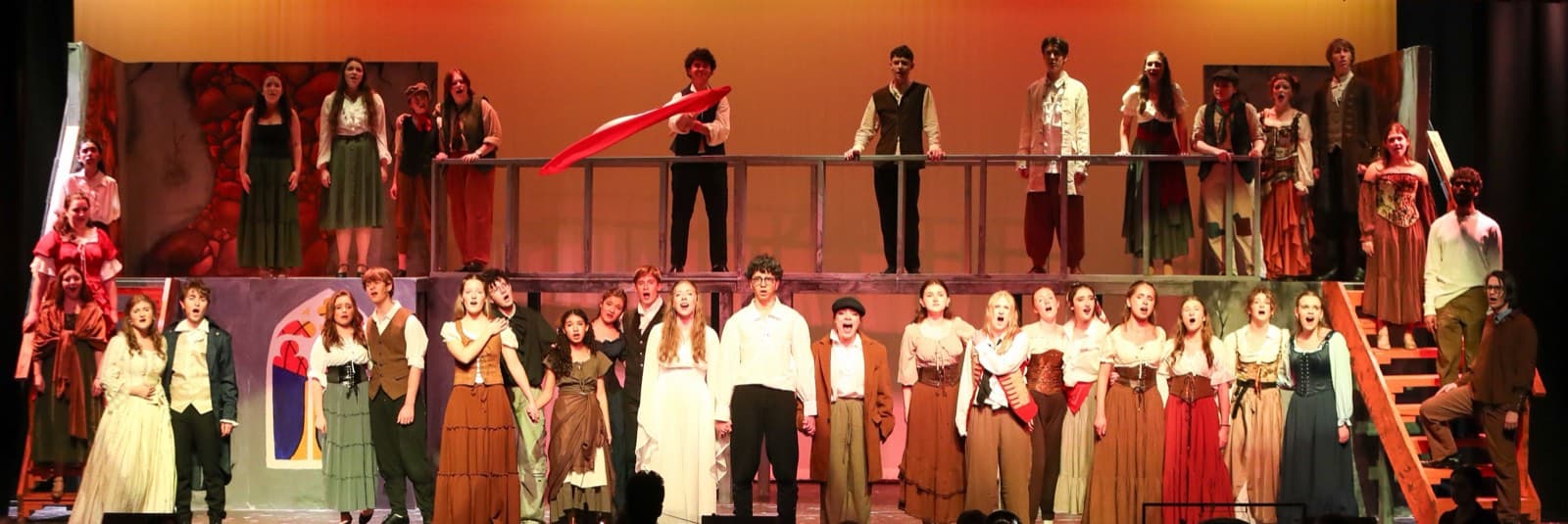 Mendham Players cast gathered on stage after a performance
